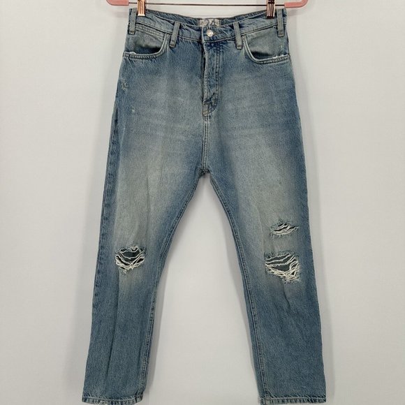 Free People‎ Blue Denim Distressed Ripped Boyfriend Straight Jeans Size 24 - Picture 4 of 12